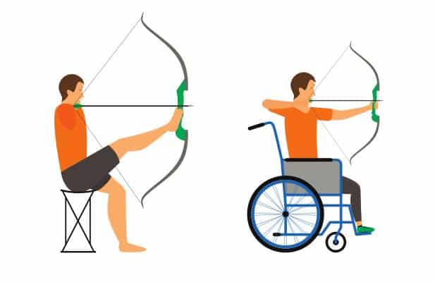 A cartoon drawing of a wheelchair bound archer and an archer without arms