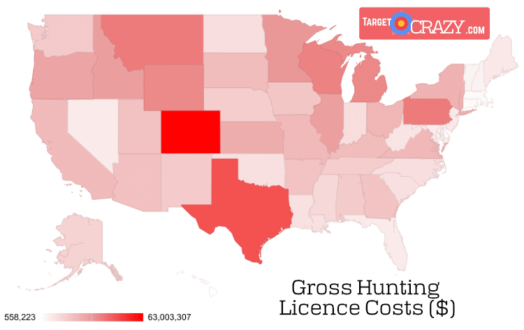 A heatmap chart of US states and their gross hunting licence holder costs