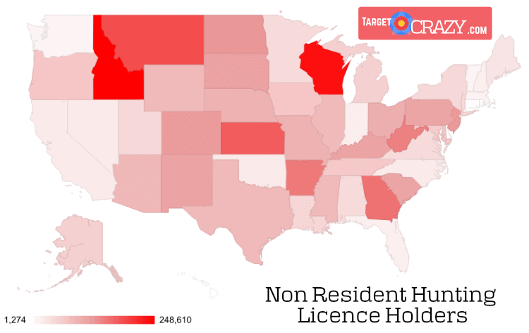 A heatmap chart of US states and their non resident hunting licence holder numbers