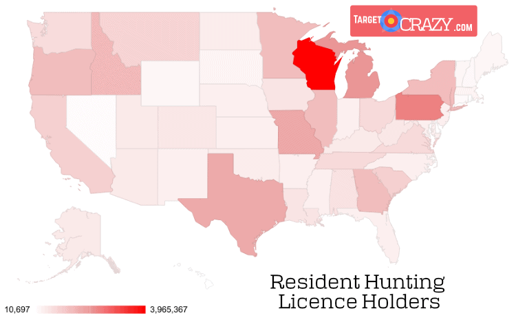 A heatmap chart of US states and their resident hunting licence holder numbers